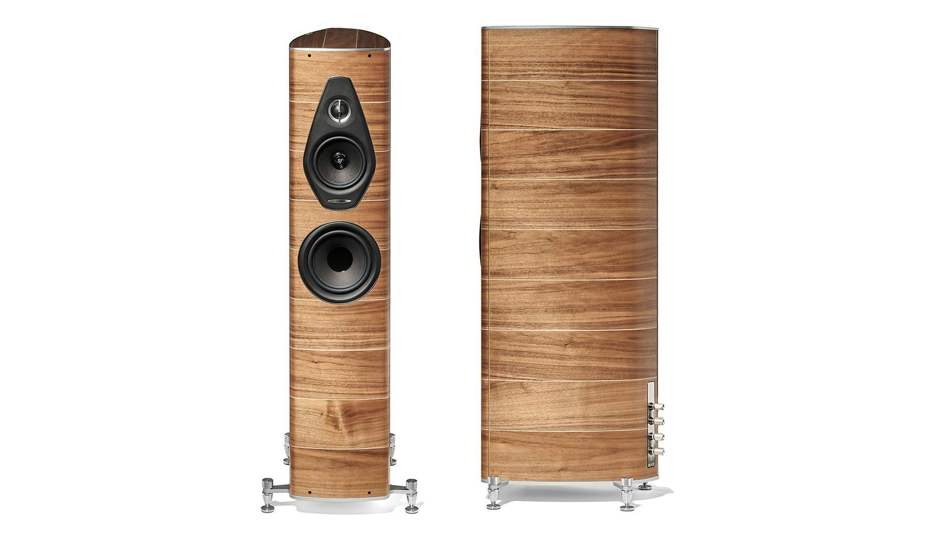 A pair of Sonus faber Olympica Nova II speakers in Walnut wood, Italian leather finishes, showcasing both front and side views.