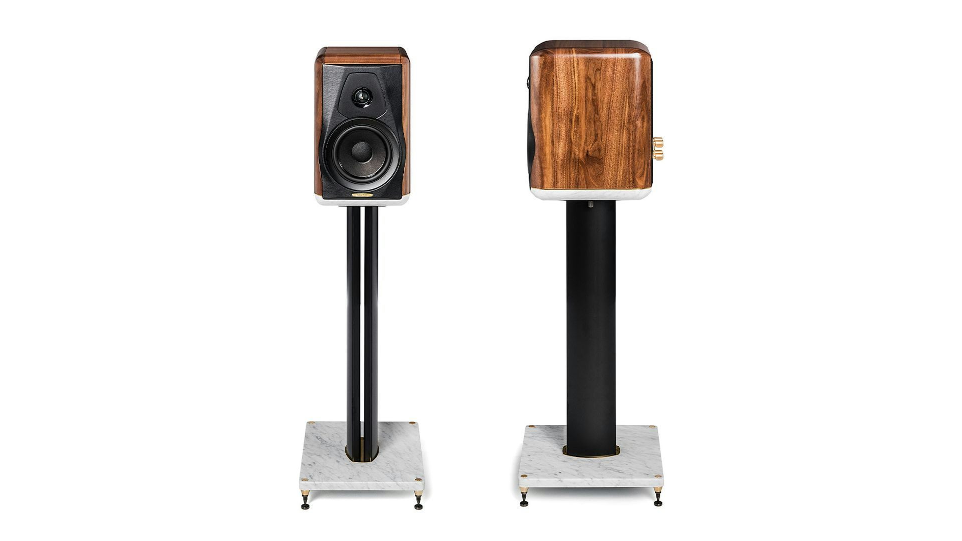 A pair of Sonus faber Electa Amator III bookshelf speakers with stands in solid walnut, black leather, carrara marble, and brass finishes.