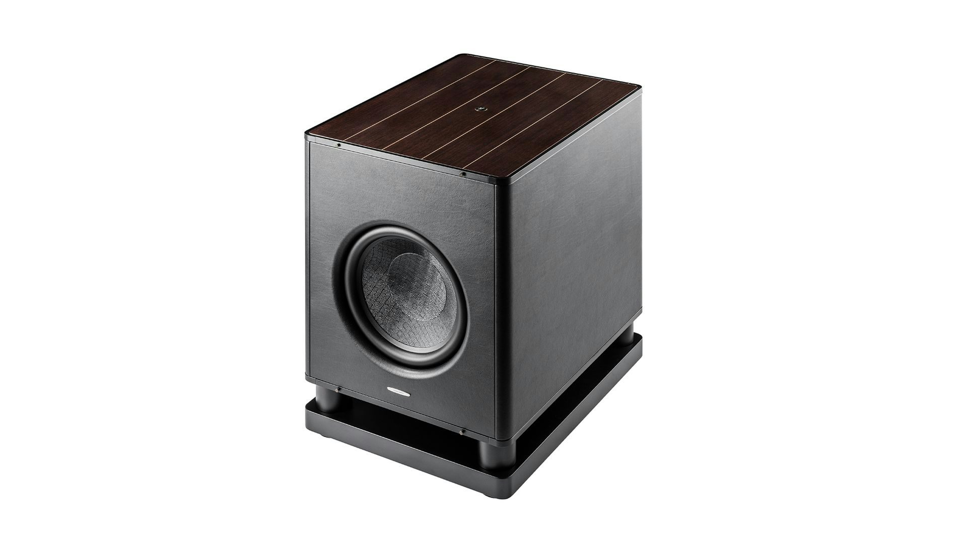 Sonus faber Gravis VI subwoofer featuring wenge wood and black leather finishes, showcasing beautiful Italian design.