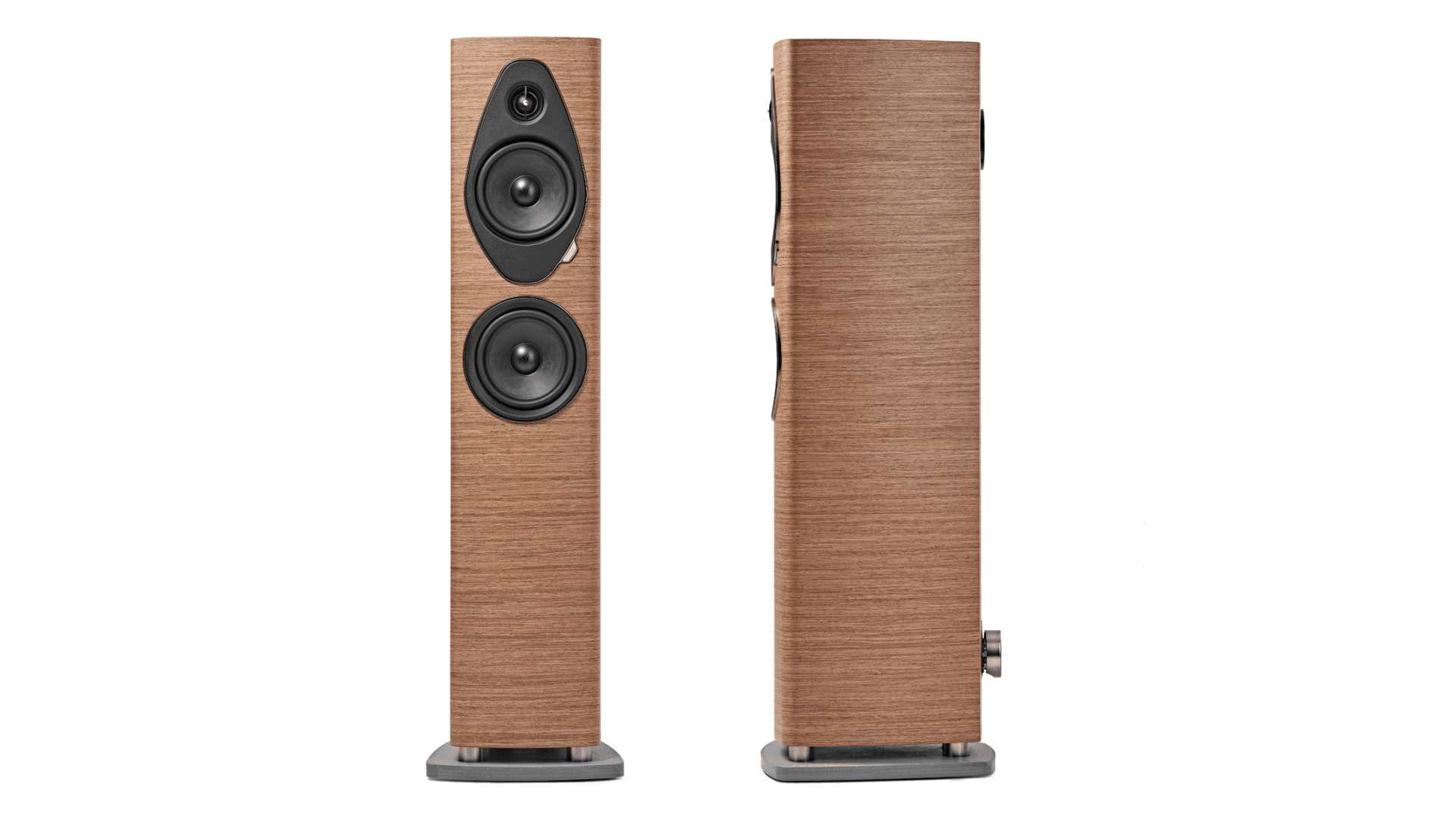 Pair of Sonus faber Sonetto III speakers, displaying both front and back, featuring walnut wood,