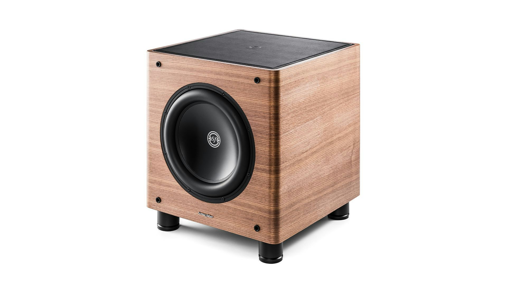 A Sonus faber Gravis II subwoofer featuring the warm tones of walnut wood and a sleek black leather top.