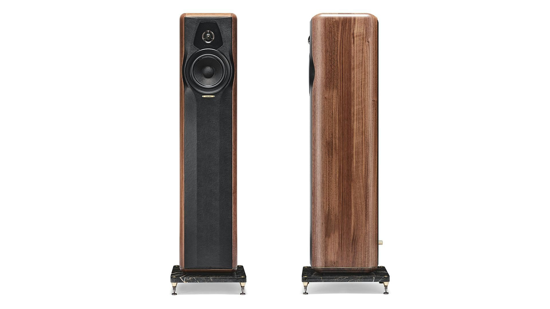 Front and side view of the Sonus faber Maxima Amator showcasing solid walnut, black leather, brass, and Marquina marble finishes.