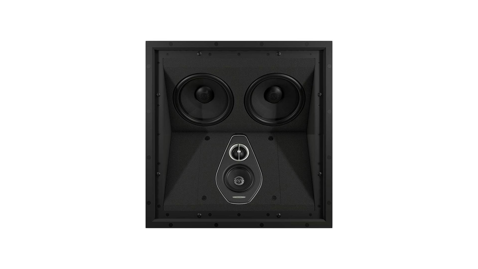 The Sonus faber PC-664P 3-way in-ceiling system unveiled without the grille, revealing intricate details.