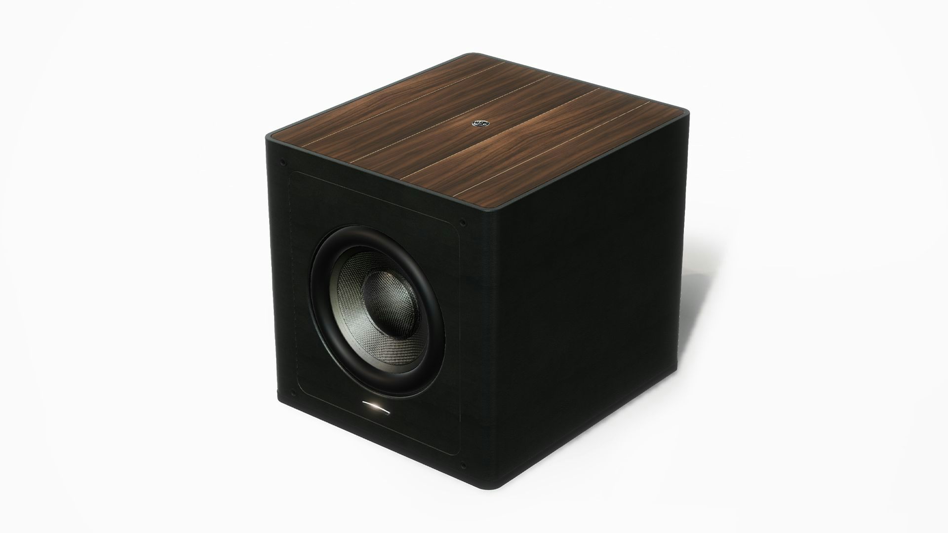 A Sonus faber Gravis III subwoofer in walnut wood - black leather finishes, showcasing Italian design.