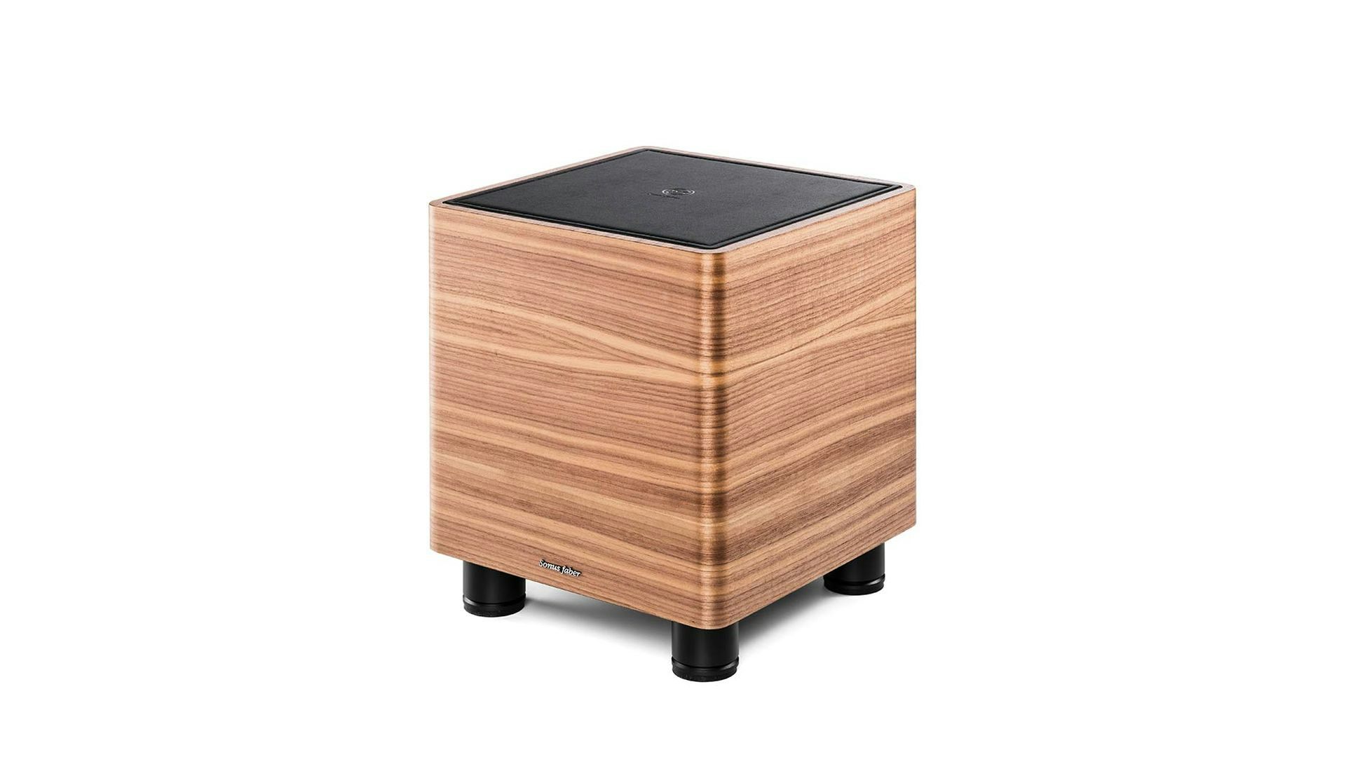 Sonus faber Gravis I subwoofer showcasing its elegant design with walnut wood and a leather top, reflecting Italian craftsmanship.