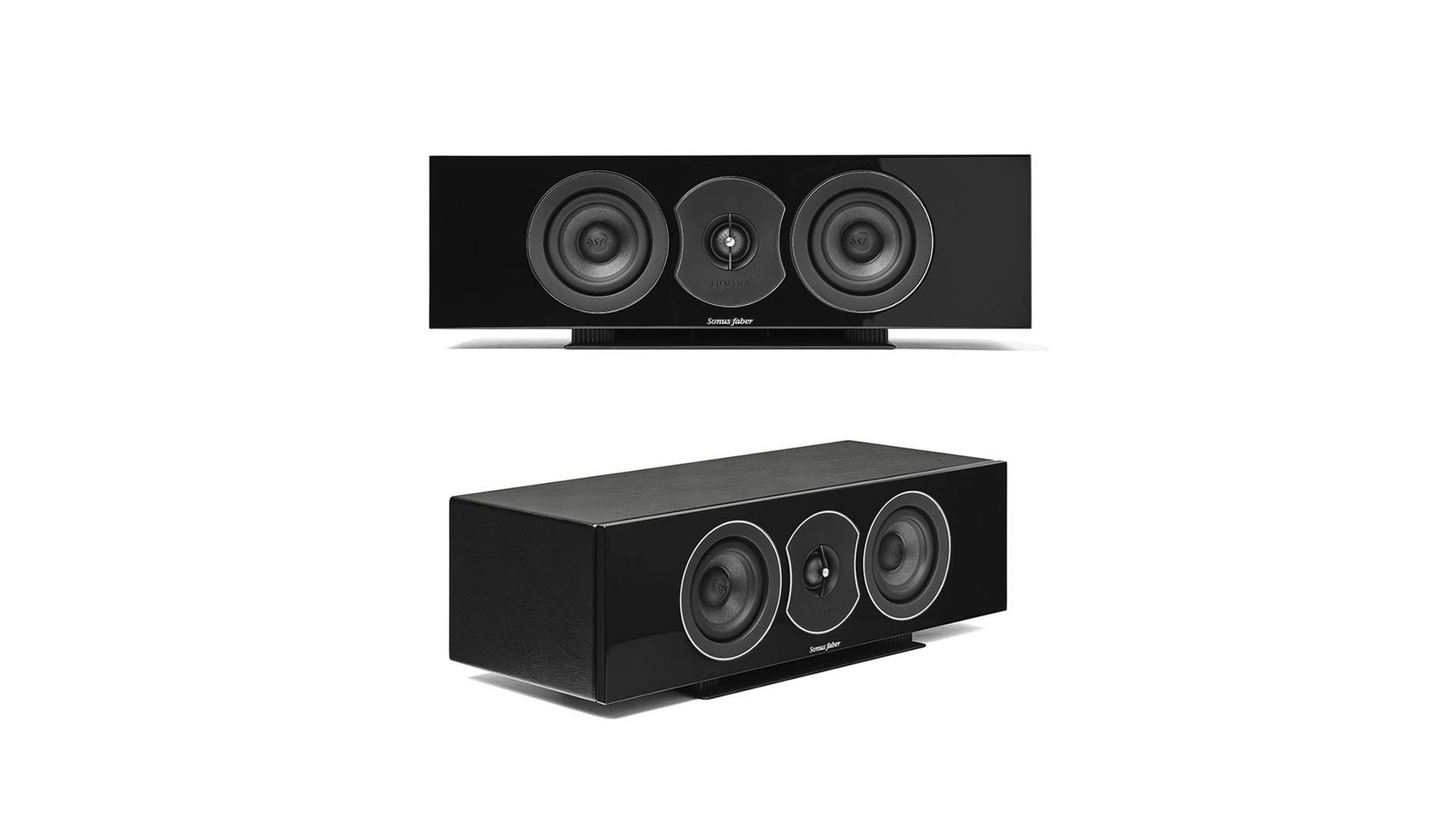 Lumina CI center channel speakers by Sonus faber, featuring front and side views of the Piano Black and black leather finish.