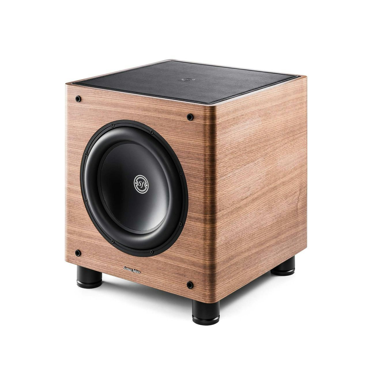 A Sonus faber Gravis II subwoofer in walnut wood, combining natural design elements with exceptional sound performance.