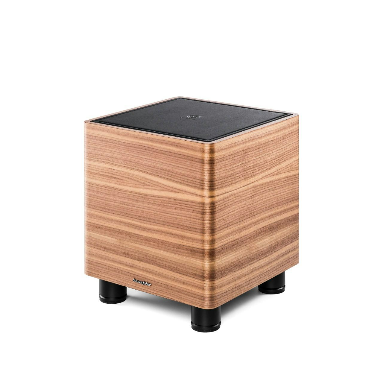 Sonus faber Gravis I subwoofer featuring walnut wood and leather top, embodying Italian design.