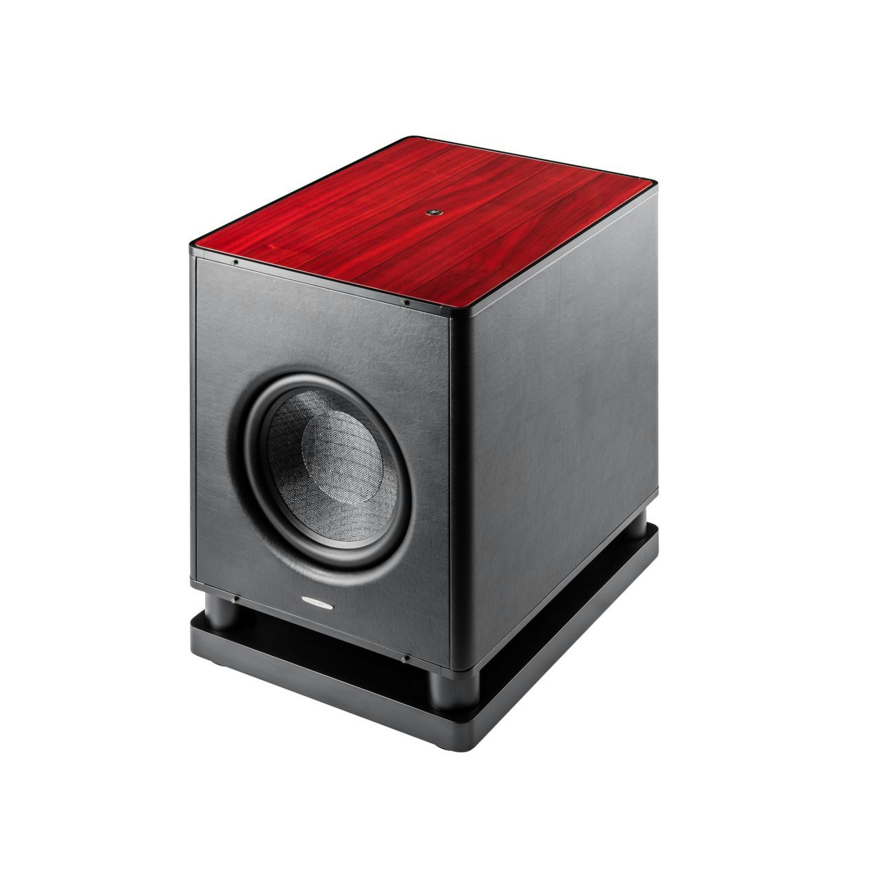 A 45-degree view of the Sonus faber Gravis VI Subwoofer in red wood finish with black leather sides.