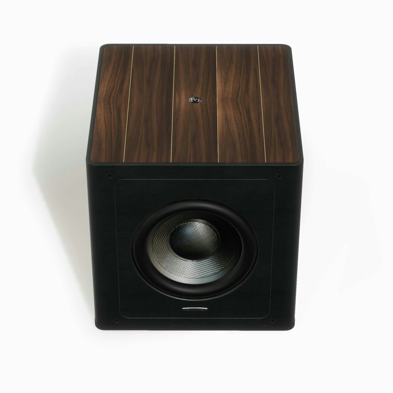 Sonus faber Gravis III subwoofer in walnut wood – black leather finishes, featuring elegant Italian design.