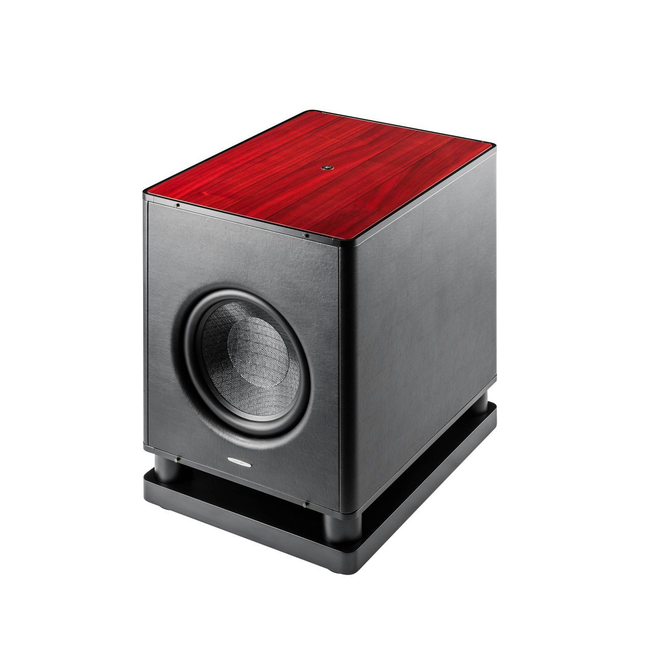 Sonus faber Gravis VI subwoofer in red wood with black leather finishes, showcasing a stunning and captivating color scheme.