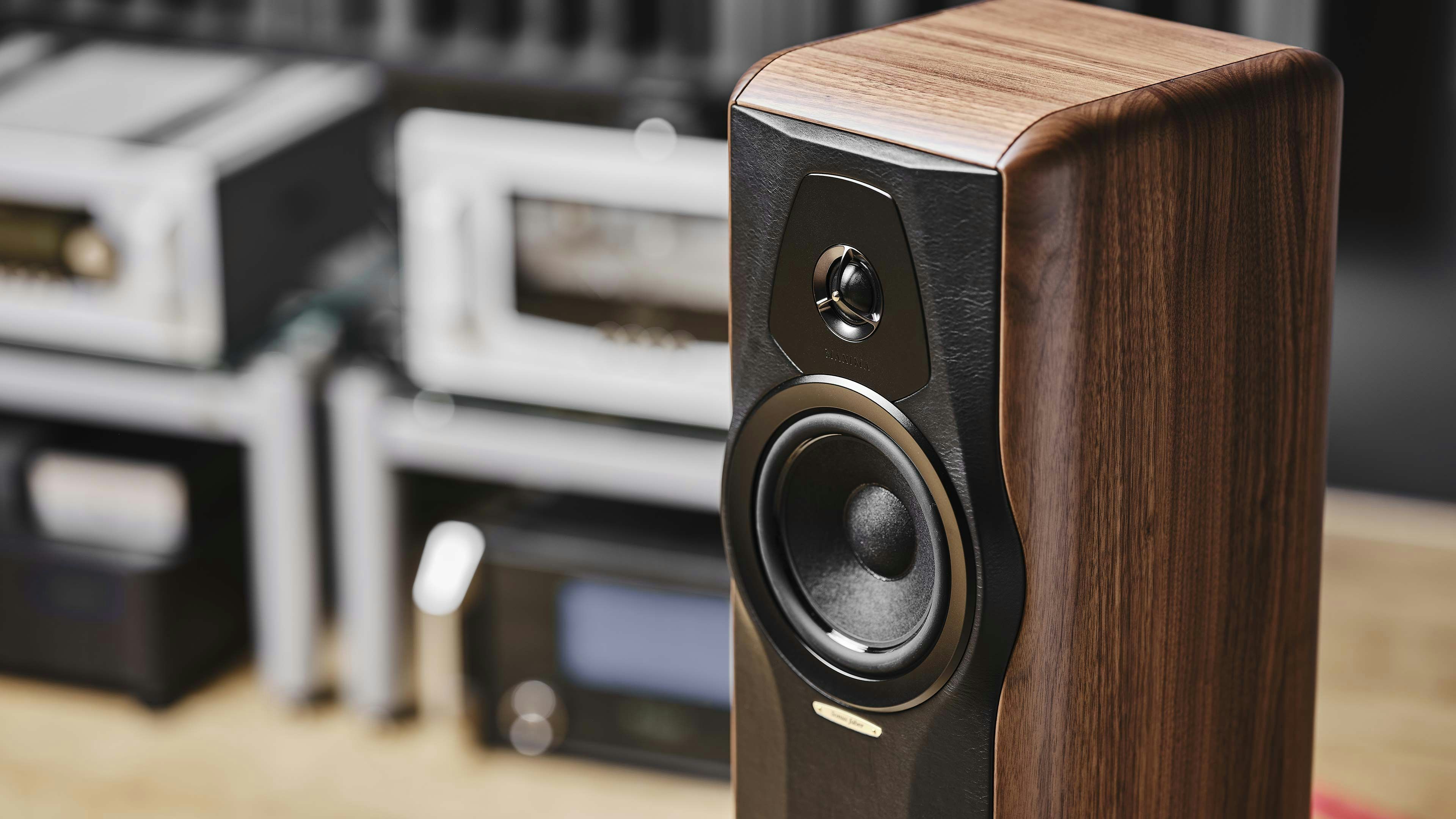 Close-up of the Sonus faber Maxima Amator in solid walnut with black leather finishes, showcasing Italian craftsmanship.