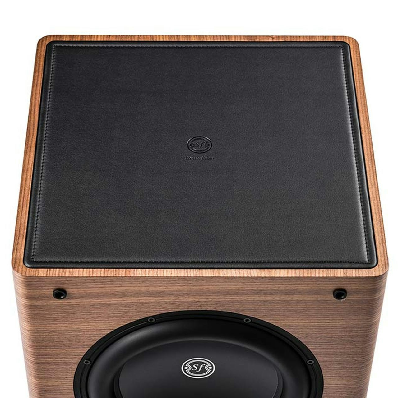 Sonus faber Gravis II subwoofer in walnut wood, highlighting the black leather top adorned with the Sonus faber logo.