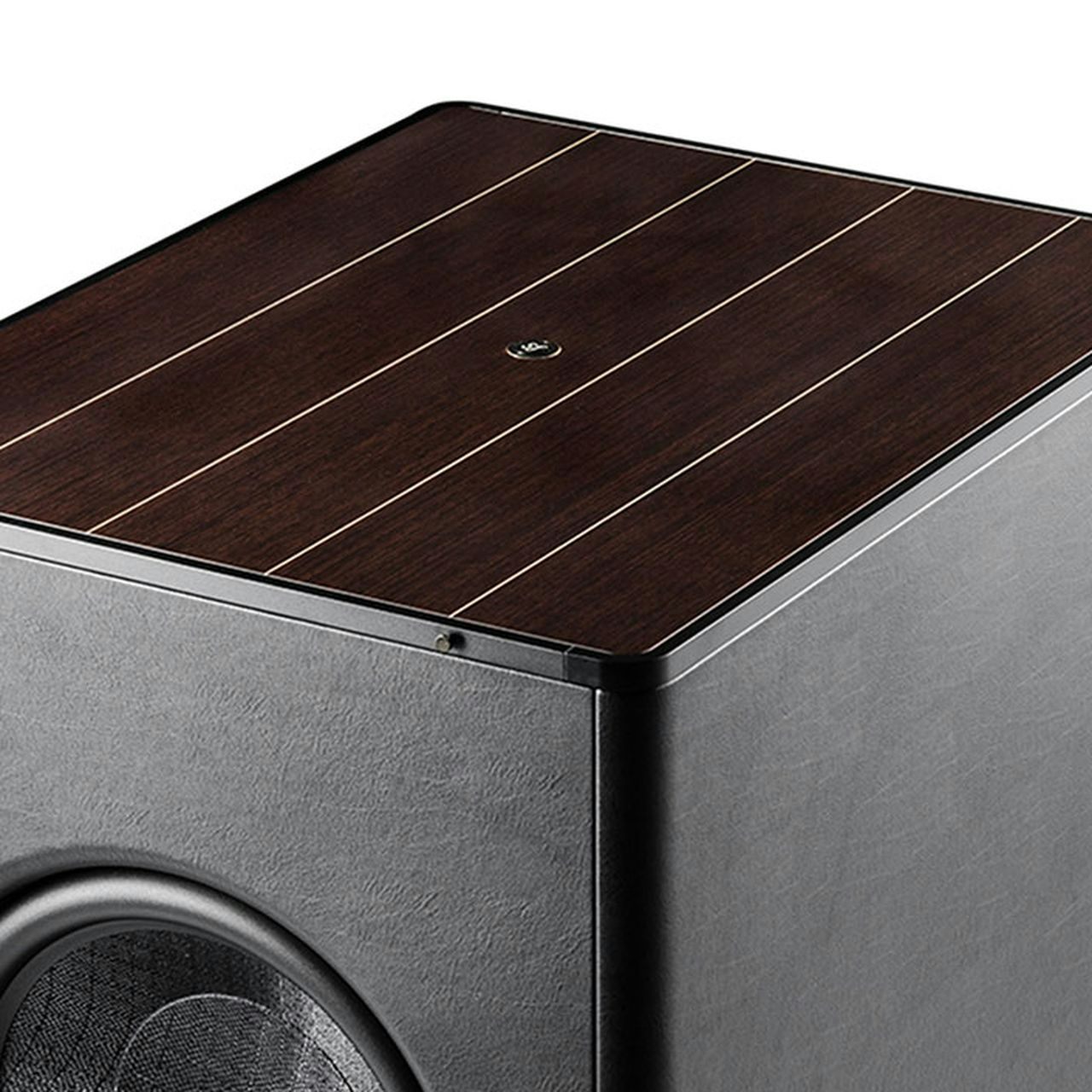 Close up of the Sonus faber Gravis VI subwoofer in wenge wood with black leather finishes, highlighting the intricate details.